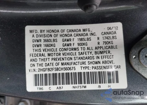 2012 Honda Civic Lx из США, поврежденный, VIN 2HGFB2F58CH560675